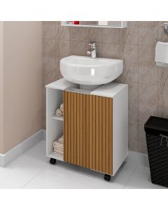 Gabinete para Banheiro Pequin 1 Porta e Prateleira com Rodízios Branco/ripado