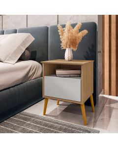 Mesa de Cabeceira Cancun 1 Gaveta Pés de Madeira Maciça Cinamomo/Off-white