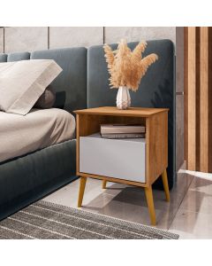 Mesa de Cabeceira Cancun 1 Gaveta Pés de Madeira Maciça Naturalle/Off-white