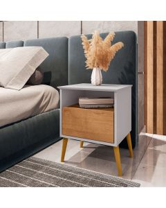 Mesa de Cabeceira Cancun 1 Gaveta Pés de Madeira Maciça Cancun Off-white/Naturalle