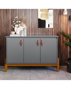 Aparador Buffet Sonetto 3 Portas Cantinho do Café Sala Jantar Pés Madeira Maciça Puxador Couro Cinza