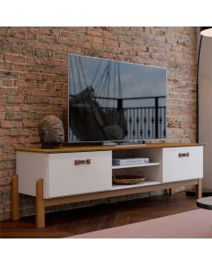 Rack Bancada Tv 60 Pol Retrô 1.60m Sonetto Pés Palito Madeira Maciça - Off-white/freijó